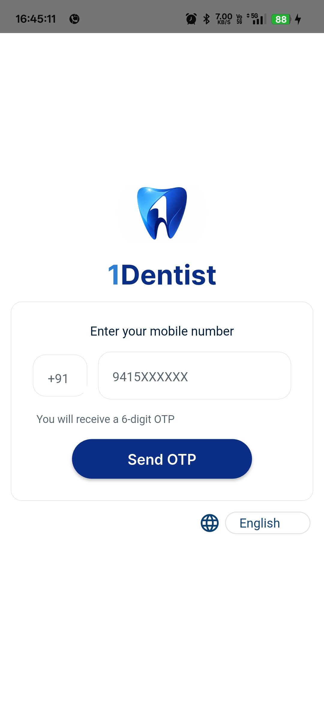 1dentist Login Screen